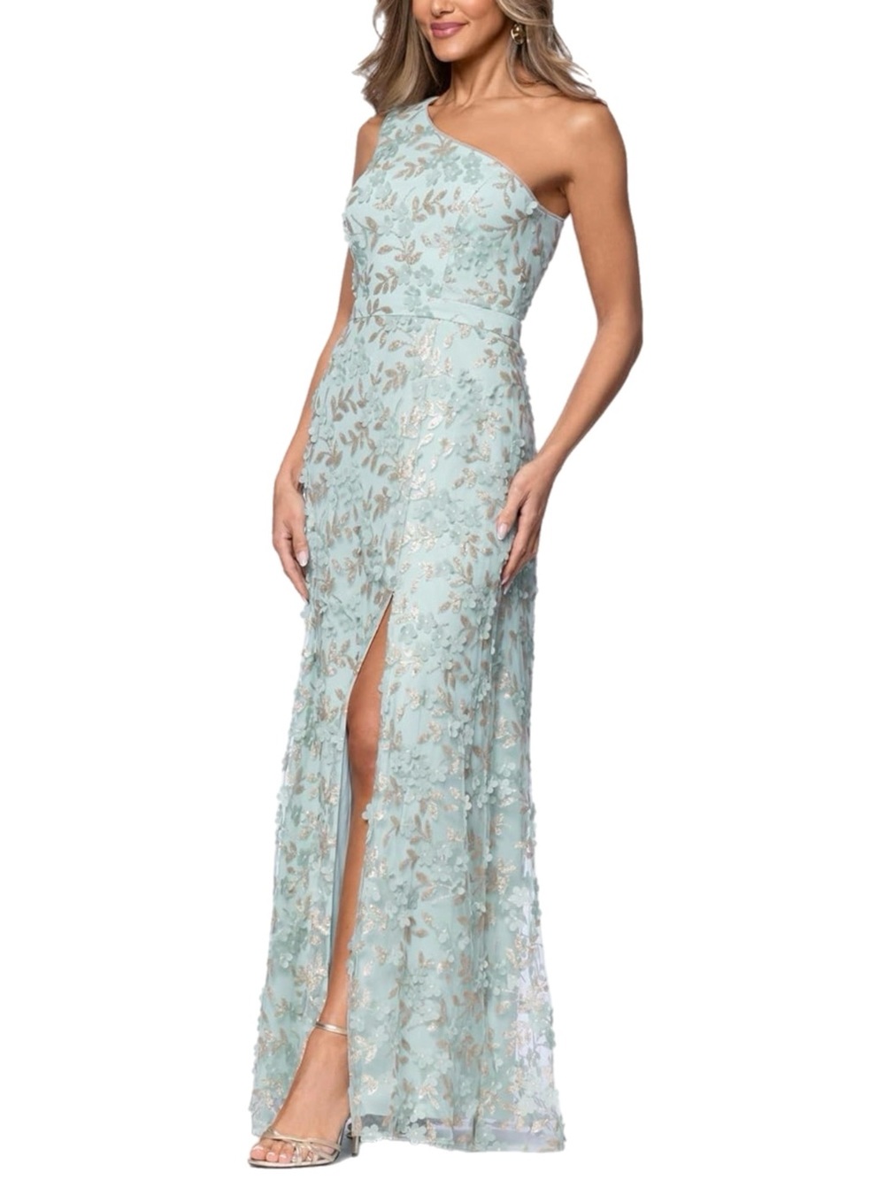 NWT X by Xscape $189 MSRP One-Shoulder Mint Blue Floral Lace Evening Gown Sz 12 - Picture 4 of 9